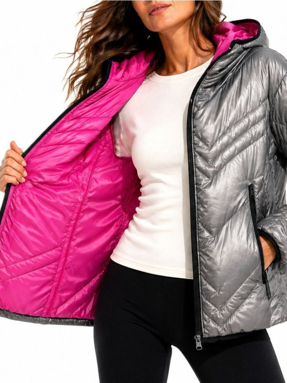 Jet Set Reversible Down Ski Jacket Silver Pink Chevron Quilted Hooded